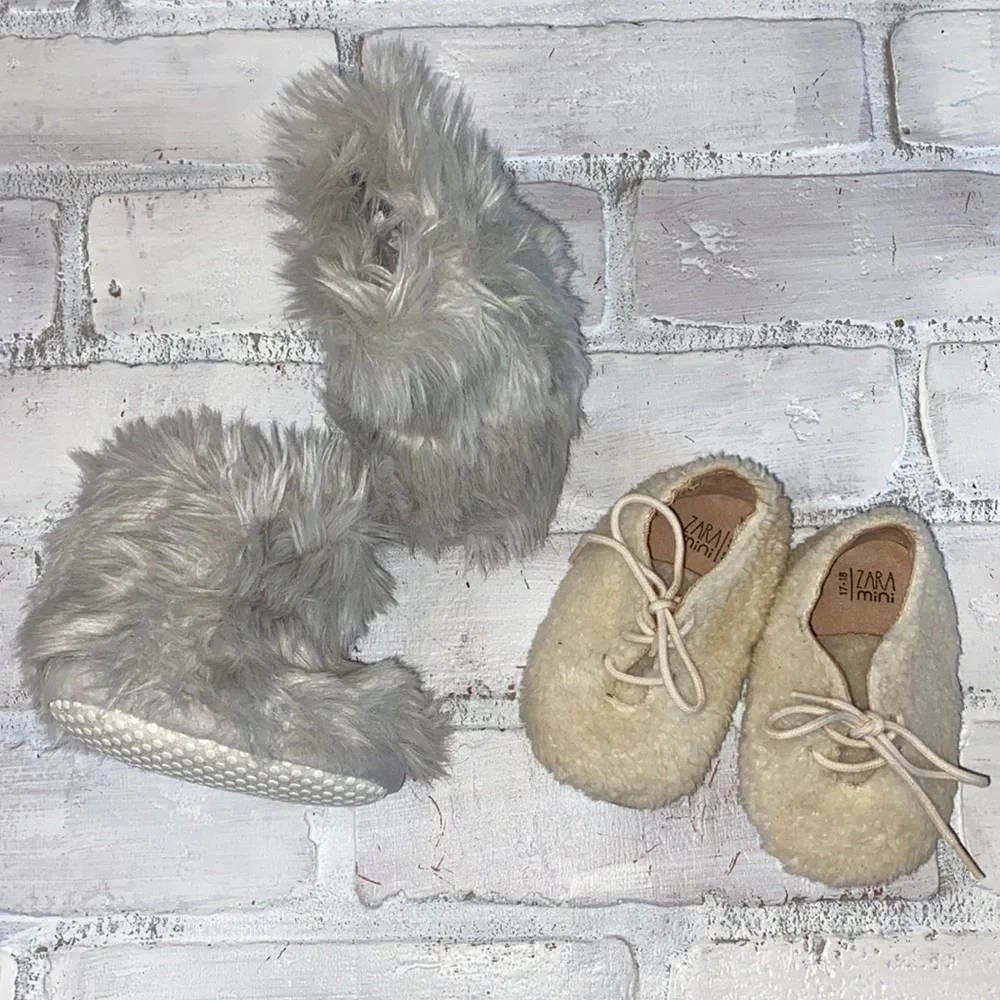 Baby Zara Mini Sherpa lace up shoes & gray fur boots bundle!!